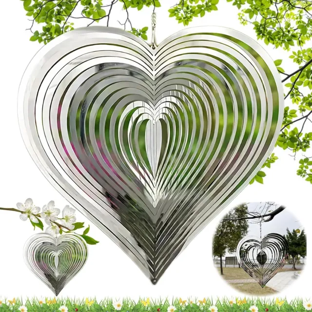 Zilver Hart Windspel - 3D Draaiende windvanger - Spinner - Hanger zonnevanger - Windgong - Spiegel - Decoratie voor buiten - Achtertuin - Tuin decoratie - Vogelafschrikking - Voor buiten woonkamer,raam gang,terras en tuin - 15*15cm - Zilver