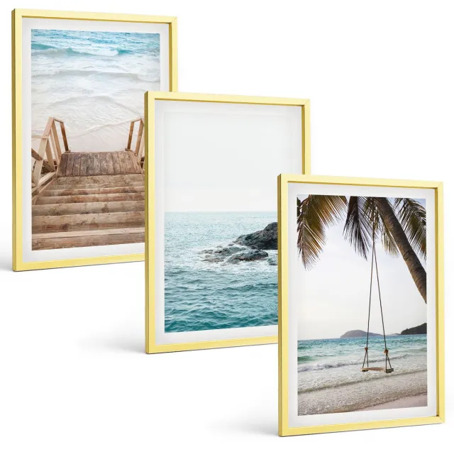 Coloray 3-Delige Schilderij Set - Trap Naar Het Strand, Uitzicht Op Zee En Schommel In Een Palmboom - 40 x 40 cm En 40 x 60 cm - Muurdecoratie - Decoratieve Schilderijen - Wohnzimmer - Interieur Decoratie Gouden lijst