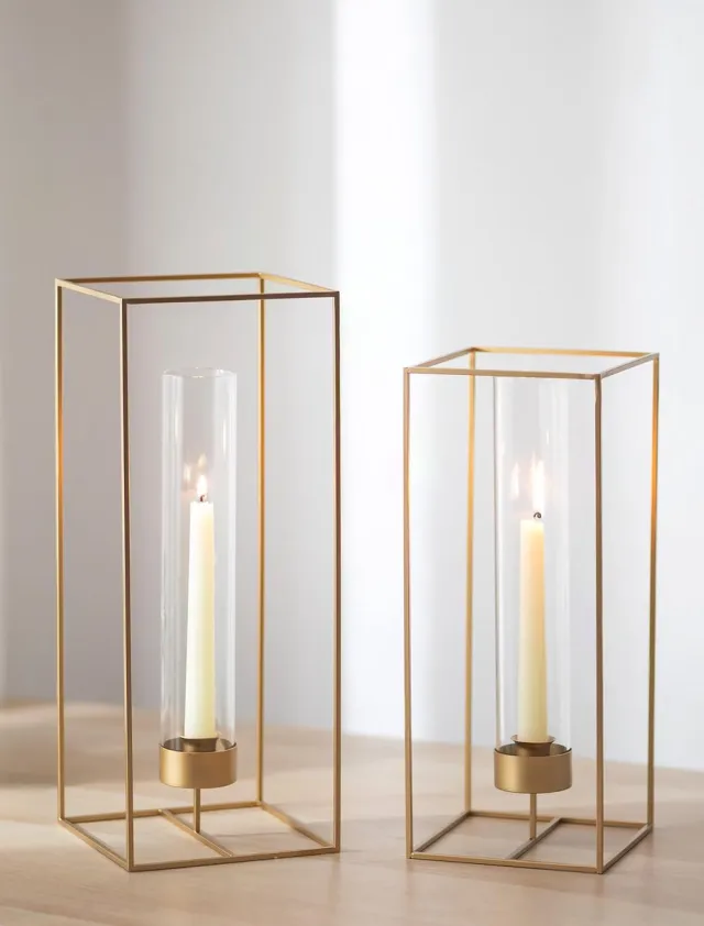 Ibenzoa Kandelaar set met geometrisch ontwerp en afneembare glazen cilinder voor veelzijdig gebruik binnen en buiten Goud