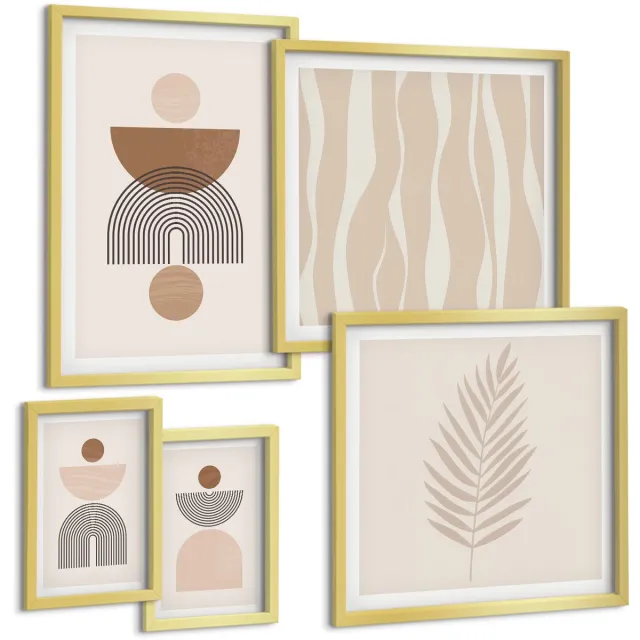 Coloray 5-Delige Schilderij Set - Abstracte Geometrische Vormen In Natuurlijke Tinten. - 50 x 50 cm, 20 x 30 cm En 40 x 60 cm - Decoratieve Muurdecoratie - Slaapkamer - Woonkamer Decoratie Gouden lijst