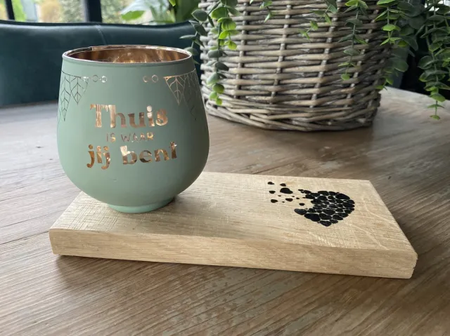 Creaties van hier Verhuizen (thuis) - Kaarsen - Theelichthouder met Plankje - Glas - 9,4x8,9 cm