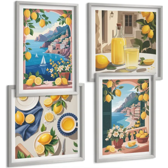 TULUP 4-Delige Schilderij Set - Zeezichtraam met Italiaanse citroenen - 40 x 40 cm en 40 x 60 cm - Muurdecoratie - Interieur Decoratie - Decoratieve Schilderijen Zilveren lijst