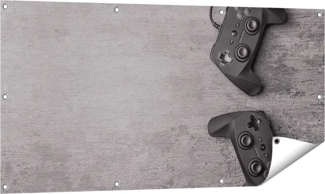Gards Tuinposter Twee Game Controllers op Tafel - Gaming - 120x60 cm - Tuindoek - Tuindecoratie - Wanddecoratie buiten - Tuinschilderij Multikleur