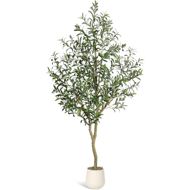 Garvee Groene planten - Kunstplanten - Kunstmatige olijfboom van 2,1 meter hoog - Kunstmatige olijfboom met pot - Kunstplant met een stam van natuurlijk hout en levensechte vruchten - 210 × 45 × 45 cm