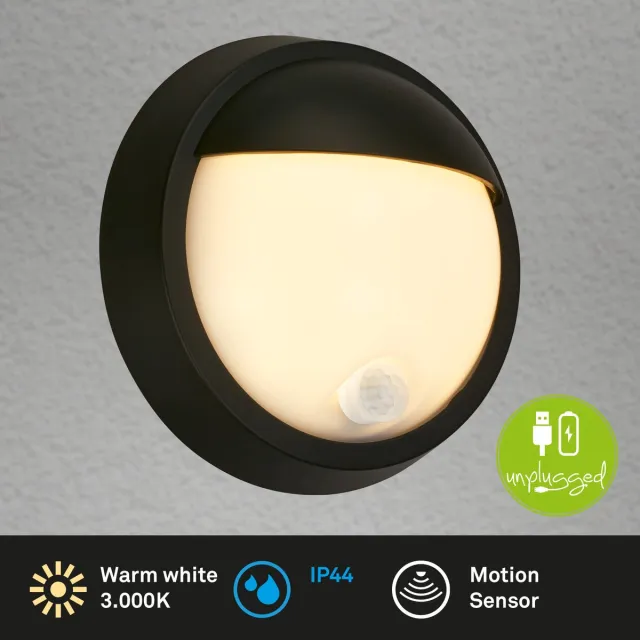 Briloner Wandlamp buiten - buitenverliting - lampe d'extérieur - met bewegingssensor - oplaadbare batterij - USB - Ø17 x 7 cm - Zwart matzwart