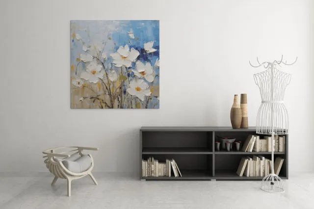 Trendex Global Vierkant Canvas Schilderij - Olieverf Bloemen - 40x40x2 cm Wit