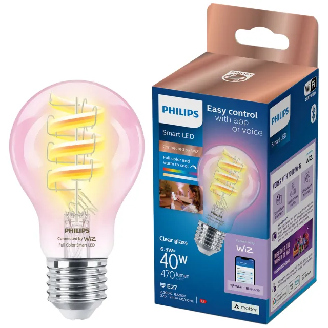 Philips Smart Lighting Smart Led Lamp Filament - Slimme Led-verlichting Gekleurd En Wit Licht E27 Transparant 40w Wi-fi Ledlamp