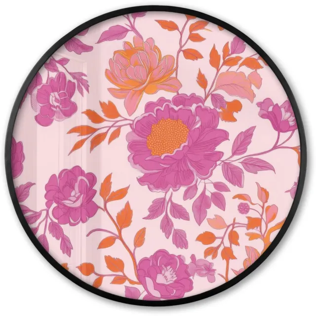 FrameYourWall Poster in lijst Rond - Fotolijst 80x80 cm - Posters - Bloemenpatroon - Roze - Oranje - Bloemen - Ronde posterlijst zwart - Decoratie - Wanddecoratie woonkamer - Muurdecoratie slaapkamer