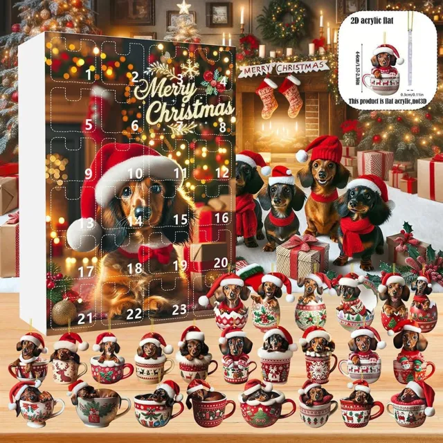 Pyreta Adventskalender 2026 -Adventskalender Teckelhond 2026 - Acryl Kerstboomhanger - Kerstboomdecoratie - 24-daagse Kerstadventskalender met Teckel Ornament Multicouleur