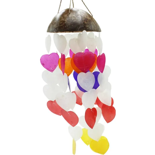 Ancient Wisdom Decoratief beeld - Windgong kokosnoot capiz harten 40 cm - wanddecoratie - tuinaccessoire - kunstobject - sfeermaker - decoratie multicolor