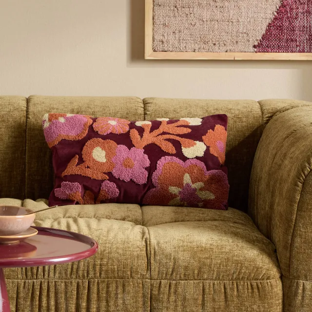 NOUS Living rechthoekige gebloemde sierkussenhoes Rowena 30x50 cm - burgundy/paarsroze/oranje burgundy/paarsroze/oranje/crème
