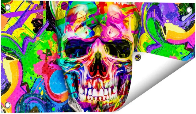 Gards Tuinposter Gekleurde Schedel - Doodskop - Doodshoofd - 60x30 cm - Tuindoek - Tuindecoratie - Wanddecoratie buiten - Tuinschilderij Multikleur