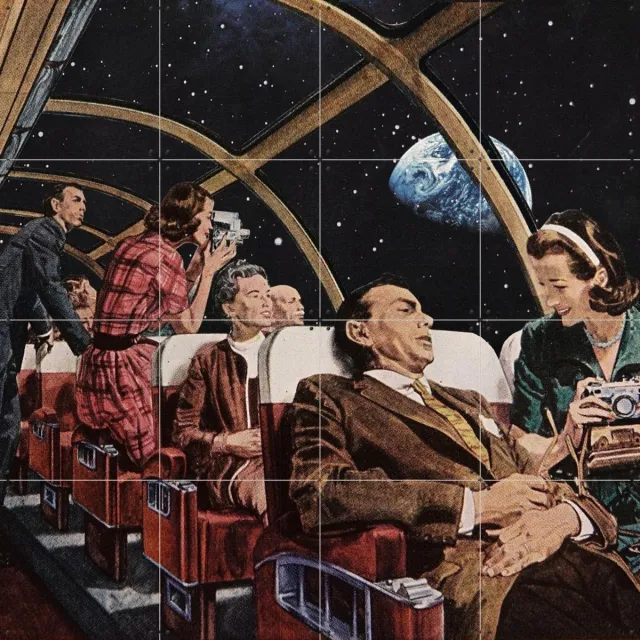 IXXI Earth Flyby, Extrovisions - 80 x 80 cm - Grote wanddecoratie en posters - Illustraties, Vintage, Retro, Surrealisme, Klassiek, Woonkamer Blauw / Zwart / Grijs