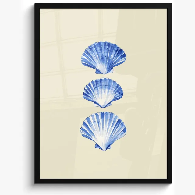 FrameYourWall Poster in lijst - Fotolijst 50x70 cm - Posters - Schelpen - Blauw - Beige - Posterlijst zwart - Decoratie - Wanddecoratie woonkamer - Muurdecoratie slaapkamer