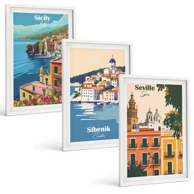 Coloray 3-Delige Schilderij Set - Europese Stadsgezichten Met Kleurrijke Gebouwen - 40 x 60 - Wanddecoratie - Moderne Interieurdecoratie - Interieur Decoratie Witte lijst