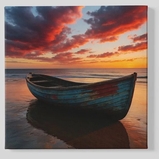 Trendex Global Vierkant Canvas Schilderij - Boot en Rode Wolken -100x100 cm Kleurrijk