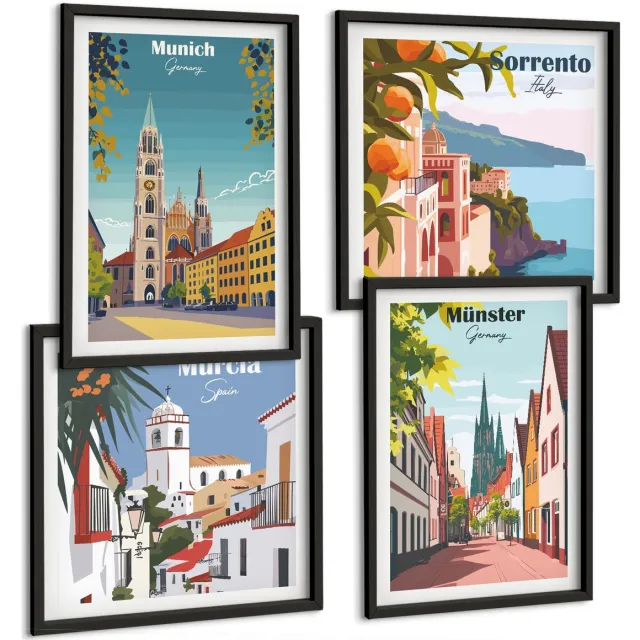 Coloray 4-Delige Schilderij Set - Europese Steden In Kleurrijke Illustraties - 40 x 40 cm En 40 x 60 cm - Decoratieve Schilderijen - Woonkamer - Interieur - Interieur Decoratie Zwarte lijst
