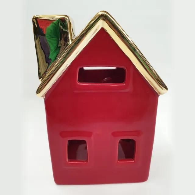 Ewax Keramiek huisje lantaarn met gouden dak, 15cm, rood/goud