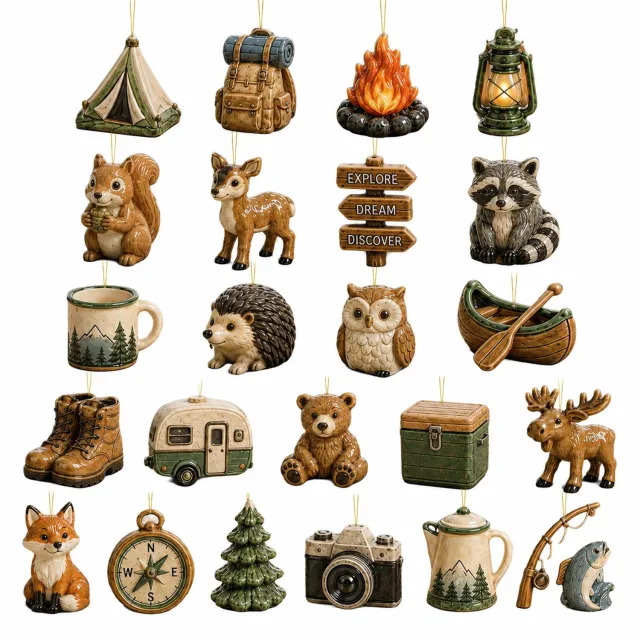 SWGOTA Adventskalender met 24 hangdecoraties - Kampeerthema en bosdieren - Groene doos - Verpakking 26 x 18 x 3 cm