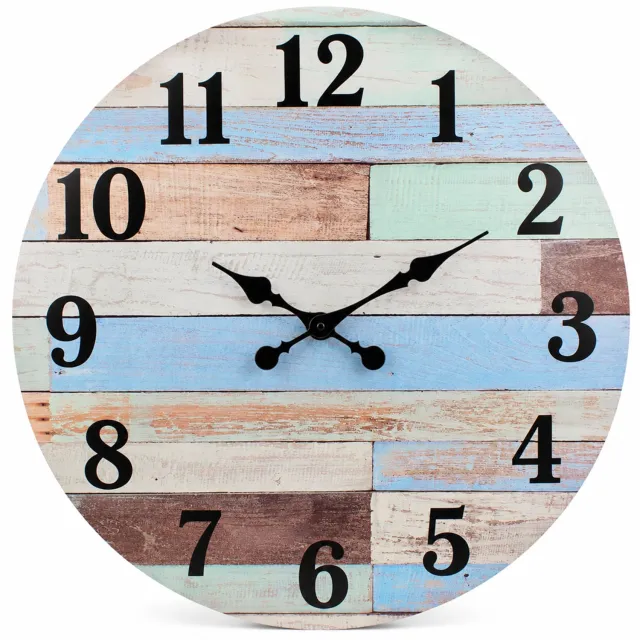 SWGOTA Ronde MDF-wandklok 14 inch met stil uurwerk, retro plankenmotief, zwarte cijfers en sierwijzers voor woonkamer en slaapkamer Lichtblauw