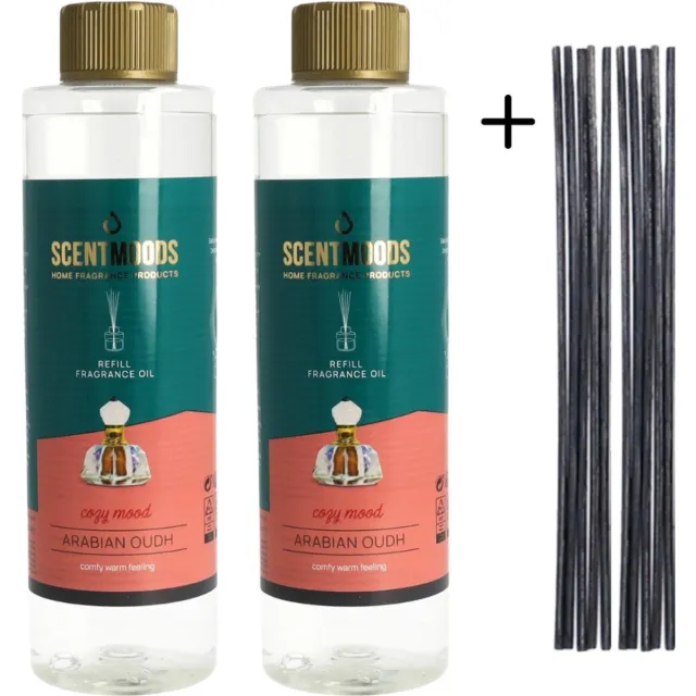Scentmoods Geurstokjes Navulling Arabian Oudhout Set van 2 + 12 Geurstokjes - Geurverspreider - Luchtverfrisser - Huisparfum - 400ml x 2 Transparant