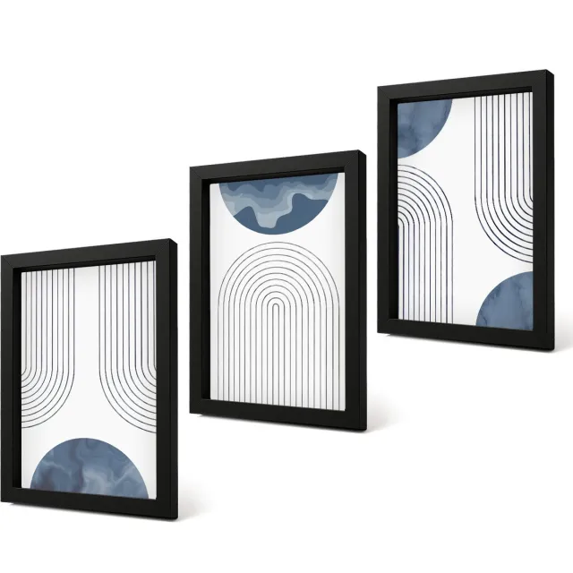 Coloray 4-Delige Schilderij Set - Abstracte patronen in blauw-witte tinten - 20 x 30 cm - Muurdecoratie - Decoratieve Schilderijen - Wohnzimmer - Moderne Wanddecoratie Zwarte lijst