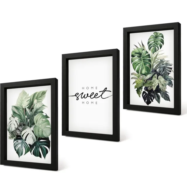 Coloray 4-Delige Schilderij Set - Planten in het groen met de woorden Sweet Home - 20 x 30 cm - Wanddecoratie - Schilderijen Set - Kantoor - Decoratieve Schilderijen Zwarte lijst