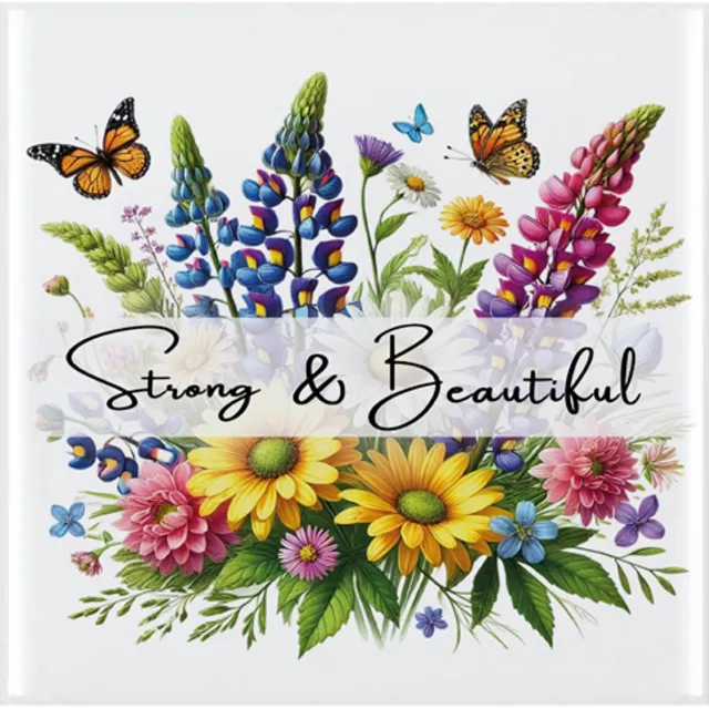 LucKim.nl Tegeltje met tekst en bloemen - Strong and Beautiful - 10x10cm - inclusief houten standaard wit