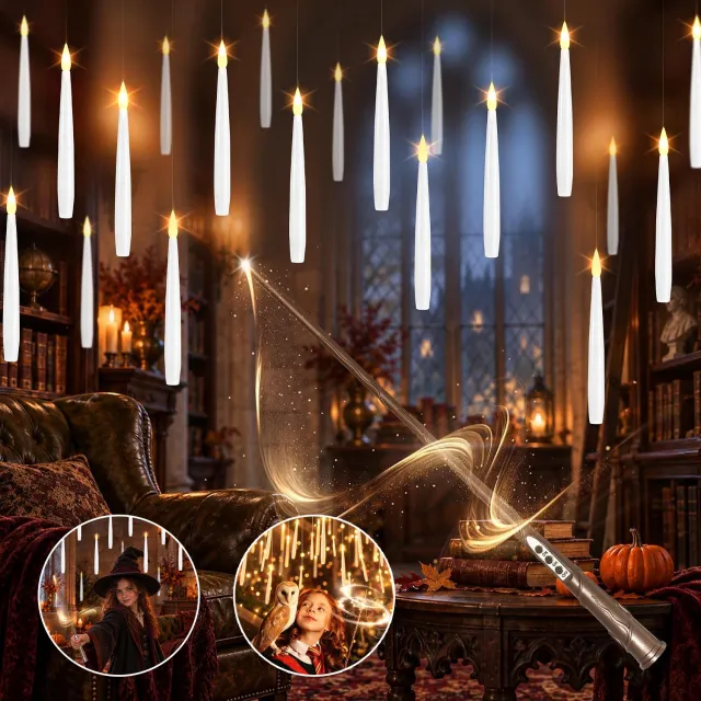 CHOOLY Magische Zwevende Kaarsen Set met Toverstok - 10 LED Kaarsen met Realistisch Flikkervlam Effect & Draadloze Afstandsbediening - Voor Halloween Versiering Kerstdecoratie & Feest - Inclusief Ophangkoord wit