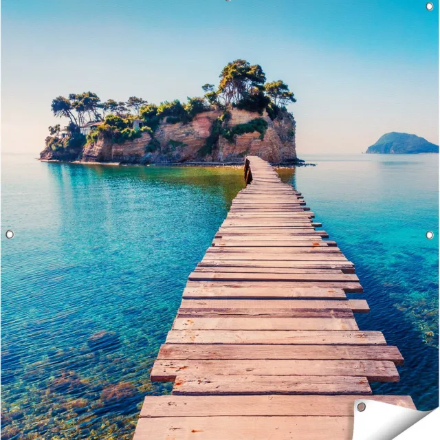 Gards Tuinposter Pad op het Water naar een Grieks Eiland - 100x100 cm - Tuindoek - Tuindecoratie - Wanddecoratie buiten - Tuinschilderij Multikleur