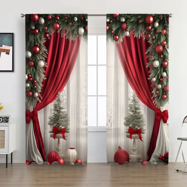 Ulisem Kerst Gordijnen Woonkamer Slaapkamer - 2 Panelen - Verduisterend - Kerstboom Rood - Warmtewerend - Geluidsisolerend - Met Ringband - 150x245 cm - Kerstdecoratie Raamdecoratie