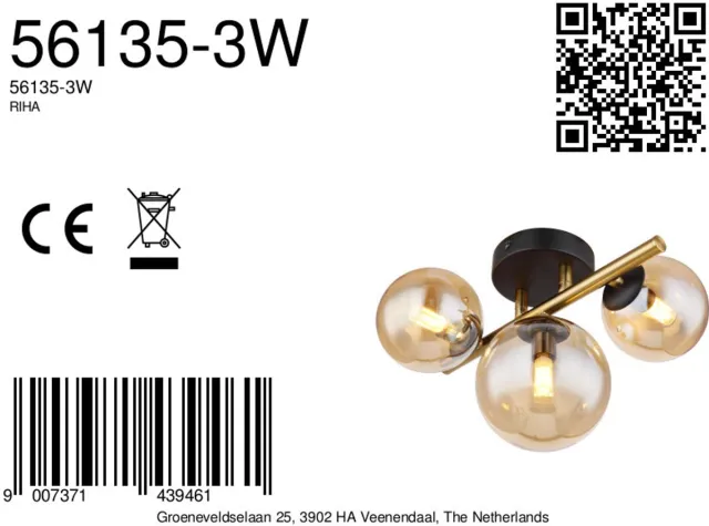 Globo Plafondlamp RIHA 3.50 Watt G9 Matt zwart - 3 Lichts Amber