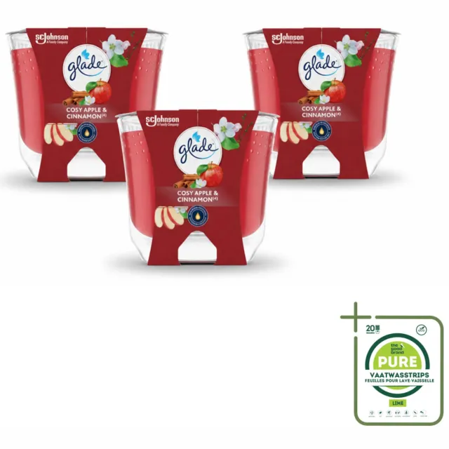Glade 3 x Glade - Geurkaars Appel Kaneel - 100% Raapzaadwas - 204 g - Grootverpakking - Vaatwasstrips - Geurkaars - Warme Geur - Gezelligheid - Vegan - Natuurlijke Geur rood