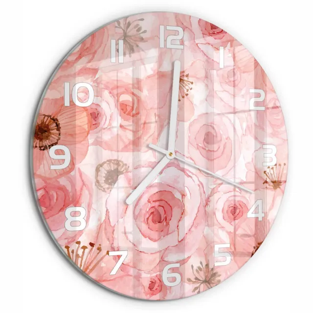 TULUP Wandklok - Bloemenpatroon Moderne Wandklok Glas - fi30 cm - Roze Wandklok Glas Decoratie - Witte handen - Ronde Klok - Glazen Wandklok Design - Klok Glas Met Opdruk
