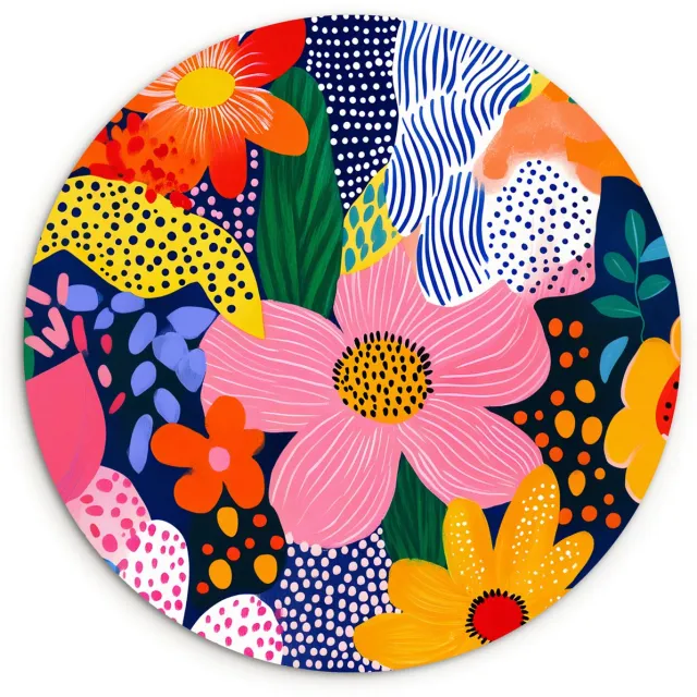 WallCircle Wandcirkel 150x150 cm - Muurcirkel Kleurrijk - Bloemen - Abstract - Stippen - Muurdecoratie woonkamer - Wanddecoratie slaapkamer - Kamer decoratie accessoires - Ronde schilderijen Schilderij - Abstract - Bloemen