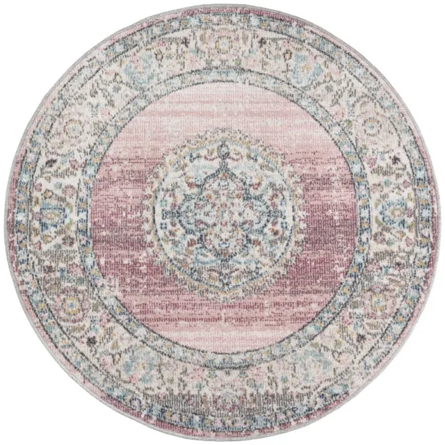 TapisTrend Designer tapijt Roze 120 cm rond Vintage oosters binnen-/buitenkleed met bloemenmedaillon voor woonkamer, terras en balkon