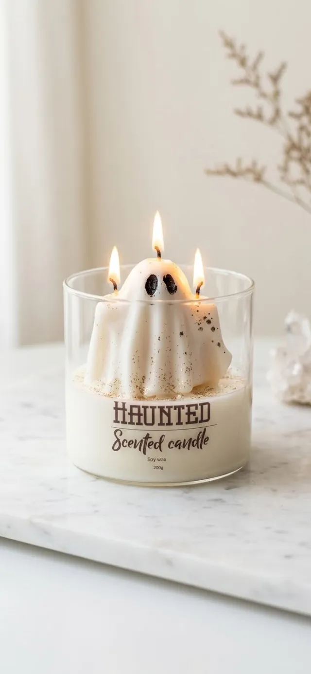 JoyDecor Haunted Geurkaars – Halloween Ghost – Sojawas – 200 g Wit