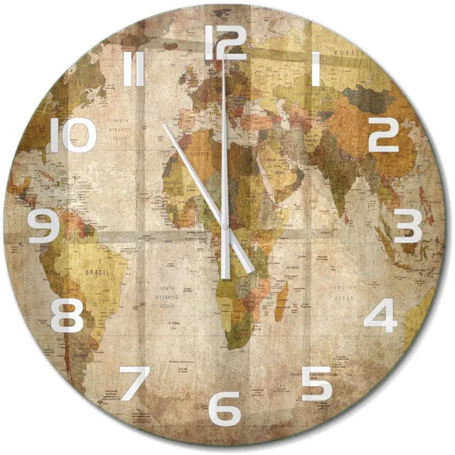 TULUP Wandklok - Politieke kaart Klok Glas Met Opdruk - fi60 cm - Bruin Moderne Wandklok Glas - Witte handen - Ronde Klok - Decoratieve Glazen Klok - Glazen Wandklok Design