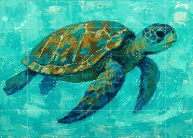 IXXI Zeeschildpad Zwemt in Tropisch Water, Natalie Bruns - 140 x 100 cm - Grote wanddecoratie en posters - Aquarel, Kwaststreken, Schilderijen Groen / Blauw