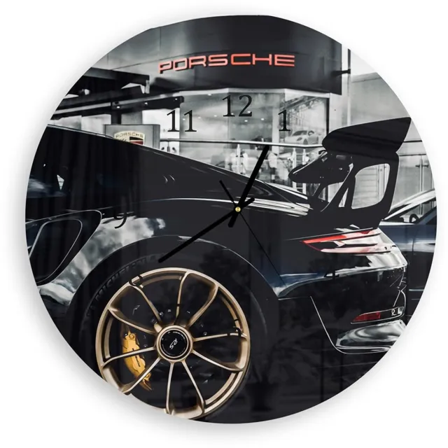 Mydesignglas Grote Glazen Wandklok XXL - Wandklok Rond 60cm - Gehard Glas - Porsche GT3 RS Zwart - Stille Klok voor Woonkamer & Keuken - Modern Design Black
