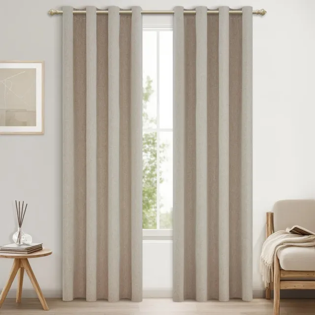 Famanu Set van 2 ondoorzichtige gordijnen met linnen-look, 240 cm lang en 140 cm breed, thermische verduisteringsgordijnen voor slaapkamer en woonkamer Beige