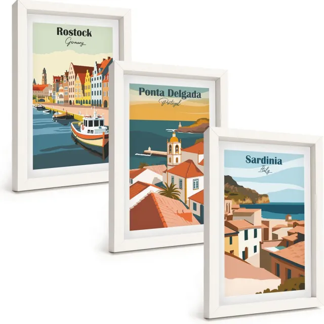 TULUP 3-Delige Schilderij Set - Uitzichten op Europese kust- en havensteden - 20x30 - Wanddecoratie - Schilderijen Set - Interieur - Muurdecoratie Witte lijst