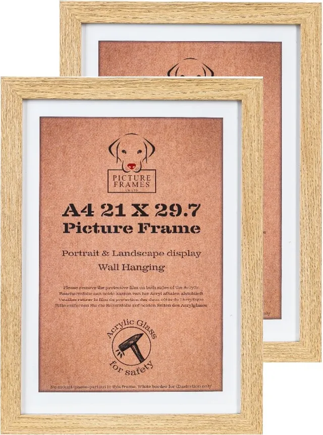 Picture Frame UK Set van 2 Fotolijsten Fotomaat A4 (21x29,7 cm) - MDF Hout - Licht Eiken - Fotokader 20mm - Posterlijst Bruin