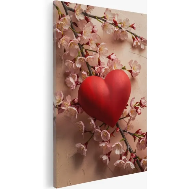 Saammp Canvas Schilderij - Roze bloesem met rood hart - Abstract - Bloemen - 60x90 - Foto op canvas - Wanddecoratie - Muurdecoratie Woonkamer - Kantoor Decoratie Multicolor