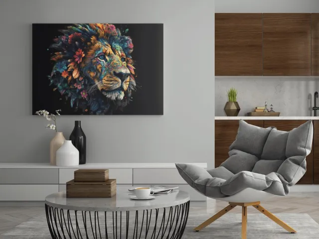 Trendex Global Canvas Schilderij Dieren - Leeuw Met Bloemen - 150x100x2 cm Zwart