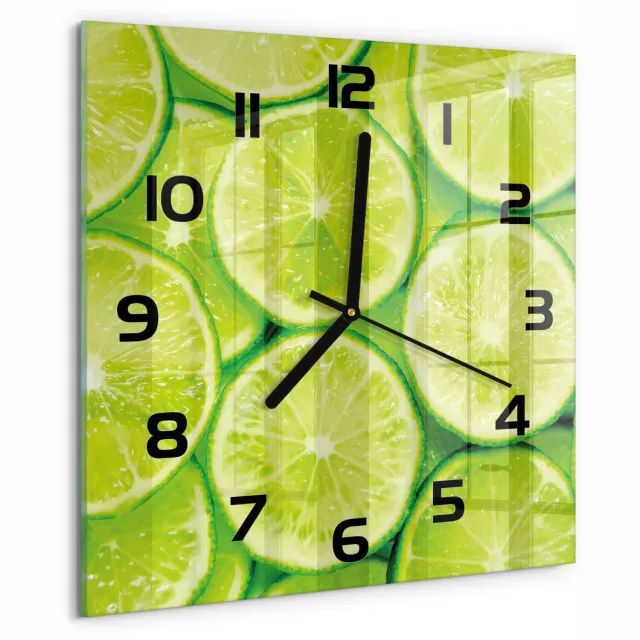 TULUP Wandklok - Limoenen Gekleurde Glazen Klok - 30x30 cm - Groente Glazen Klok Met Print - Zwarte handen - Vierkante Klok - Moderne Wandklok Glas - Wandklok Glas Decoratie
