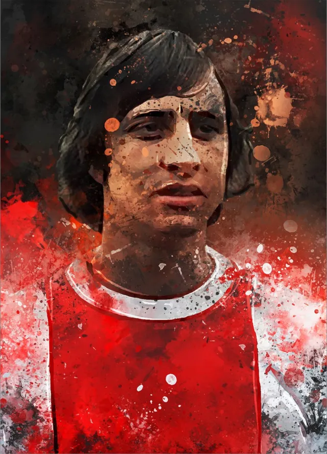 Cruijff ingelijste poster - Portretposter Johan Cruijff met omlijsting - Voetbalposter - A4 formaat - 21 x 29.7 cm - Donkergrijze achtergrondkleur
