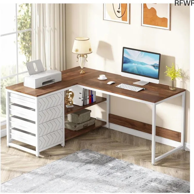 RFWR L-vormig bureau met 4 laden en 2 planken voor kantoor en woonkamer walnoot en wit