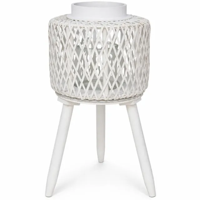 garden enjoy Windlicht Lantaarn op Standaard – Rotan Tafellantaarn met Glas – 43,5 cm Hoog – voor Binnen & Buiten – Wit