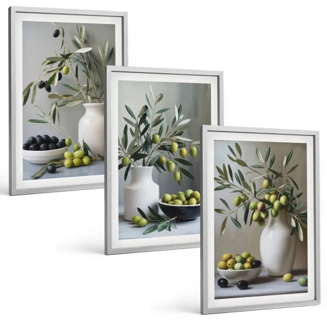 TULUP 4-Delige Schilderij Set - Olijven in vazen ​​met takken op een grijze achtergrond - 40 x 60 cm - Muurdecoratie - Decoratieve Schilderijen - Wohnzimmer - Wanddecoratie Zilveren lijst